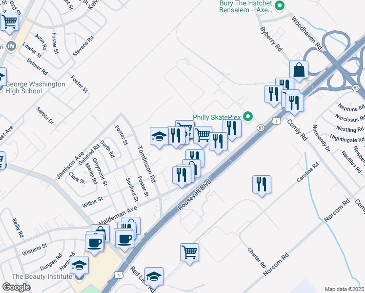 map of restaurants, bars, coffee shops, grocery stores, and more near 11000 Roosevelt Boulevard in Philadelphia