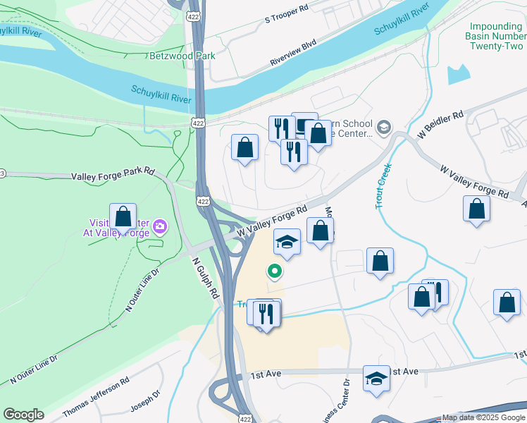 map of restaurants, bars, coffee shops, grocery stores, and more near 1035 West Valley Forge Road in Eagleville