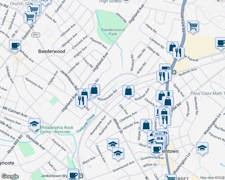 map of restaurants, bars, coffee shops, grocery stores, and more near 574 Wanamaker Road in Jenkintown