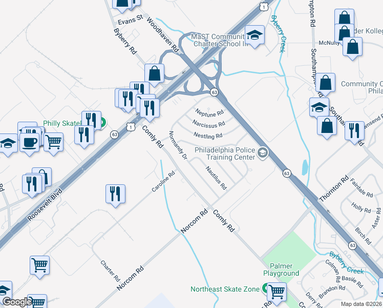 map of restaurants, bars, coffee shops, grocery stores, and more near 2839 Nautilus Road in Philadelphia