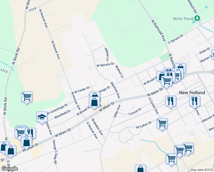 map of restaurants, bars, coffee shops, grocery stores, and more near 327 West Conestoga Street in New Holland