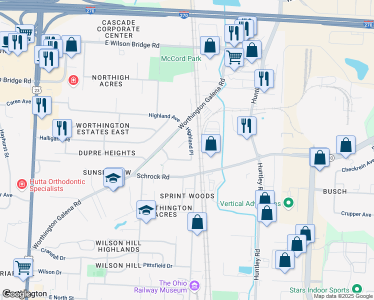 map of restaurants, bars, coffee shops, grocery stores, and more near 6805 Highland Place in Worthington