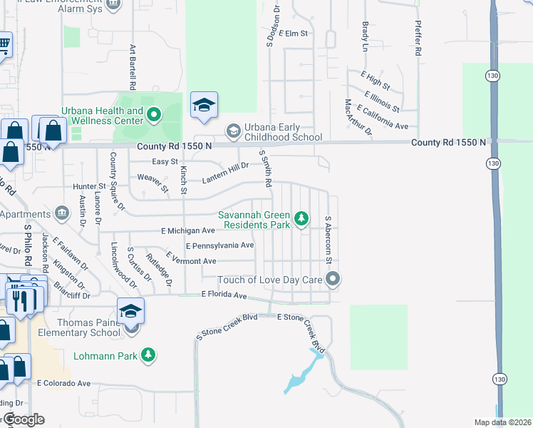 map of restaurants, bars, coffee shops, grocery stores, and more near 1312 South Smith Road in Urbana