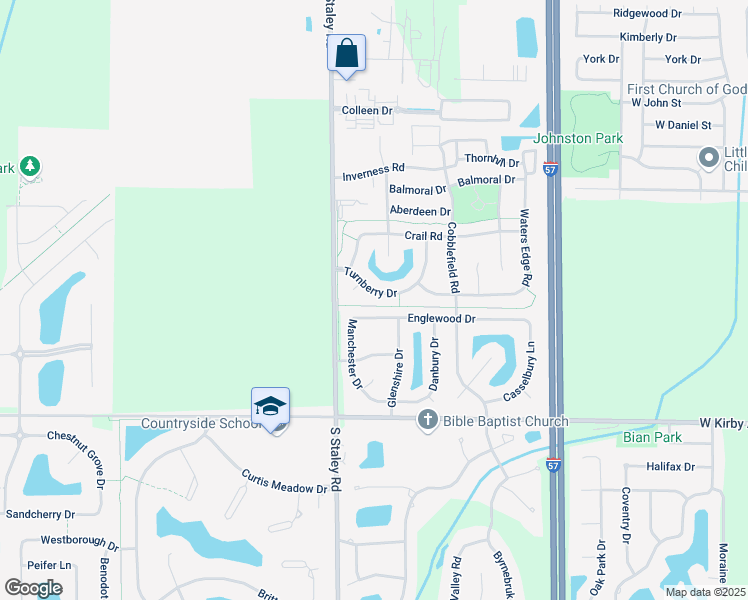 map of restaurants, bars, coffee shops, grocery stores, and more near 4103 Turnberry Drive in Champaign