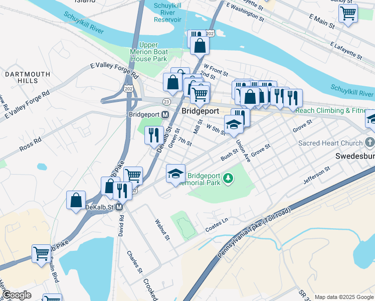 map of restaurants, bars, coffee shops, grocery stores, and more near 712 Mill Street in Bridgeport
