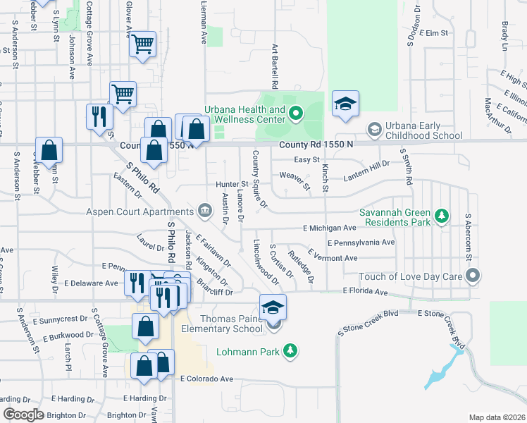 map of restaurants, bars, coffee shops, grocery stores, and more near 1903 Country Squire Drive in Urbana