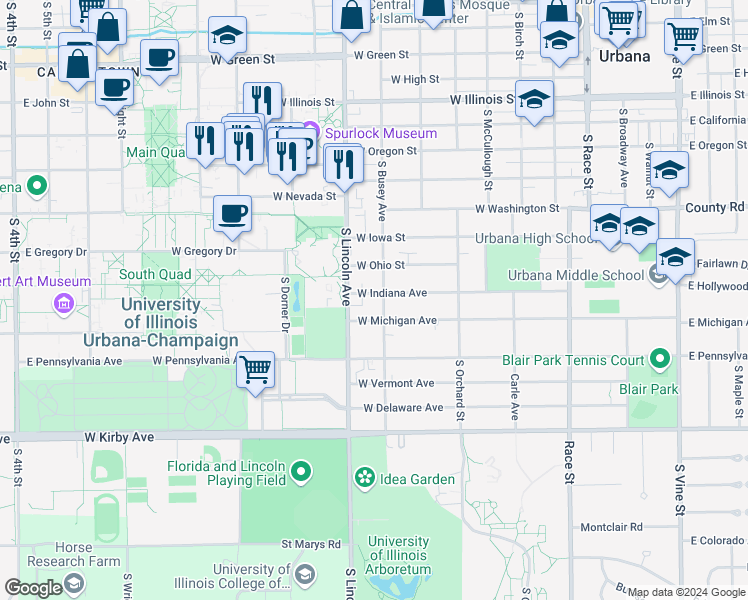 map of restaurants, bars, coffee shops, grocery stores, and more near 803 Indiana Avenue in Urbana