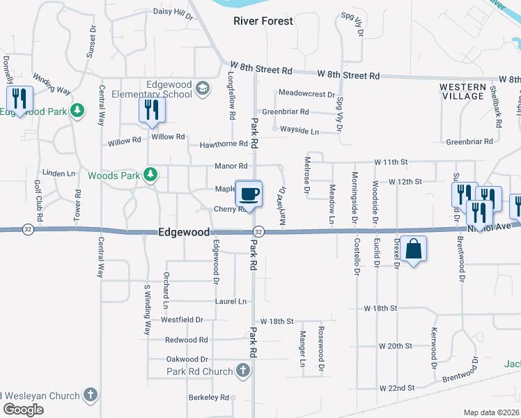 map of restaurants, bars, coffee shops, grocery stores, and more near 1308 Park Road in Anderson