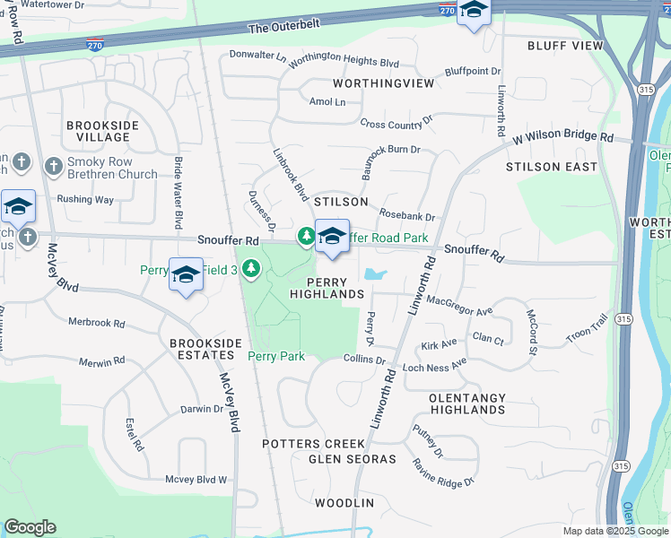 map of restaurants, bars, coffee shops, grocery stores, and more near 2341 Snouffer Road in Worthington