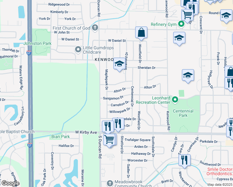 map of restaurants, bars, coffee shops, grocery stores, and more near 2807 Alton Drive in Champaign