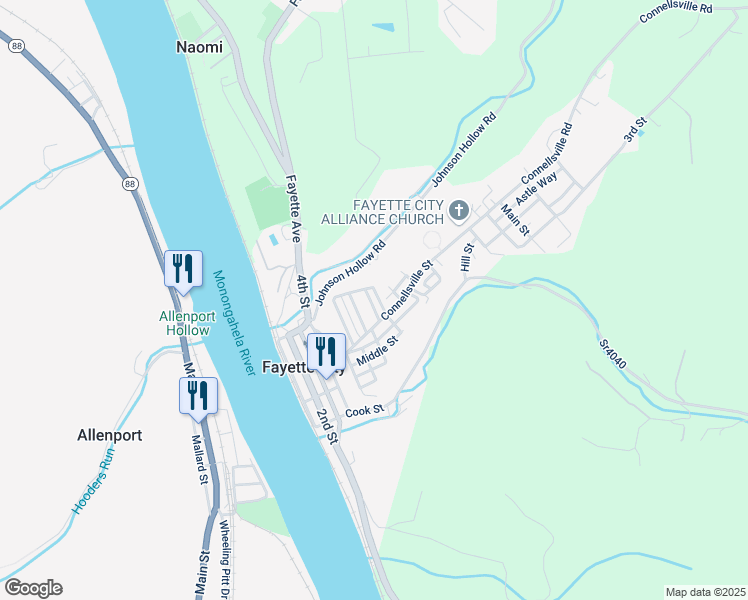 map of restaurants, bars, coffee shops, grocery stores, and more near 116 North High Street in Fayette City