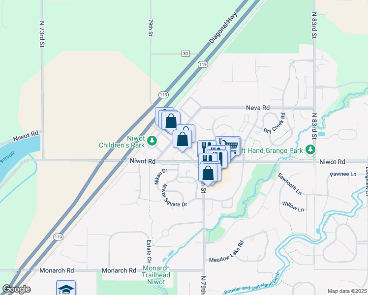map of restaurants, bars, coffee shops, grocery stores, and more near 290 2nd Avenue in Niwot