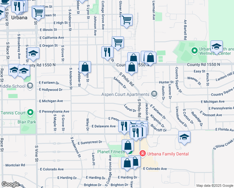 map of restaurants, bars, coffee shops, grocery stores, and more near 1204 E Fairlawn Dr in Urbana