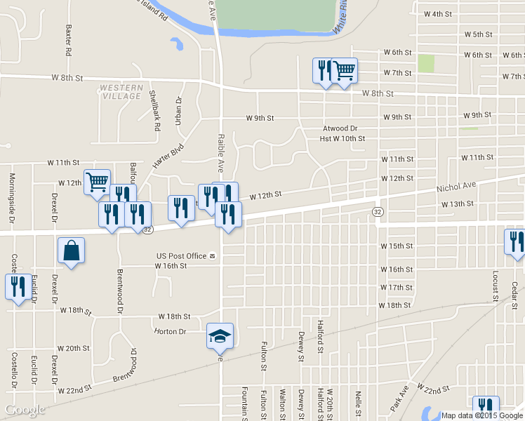 map of restaurants, bars, coffee shops, grocery stores, and more near 2302 Nichol Avenue in Anderson