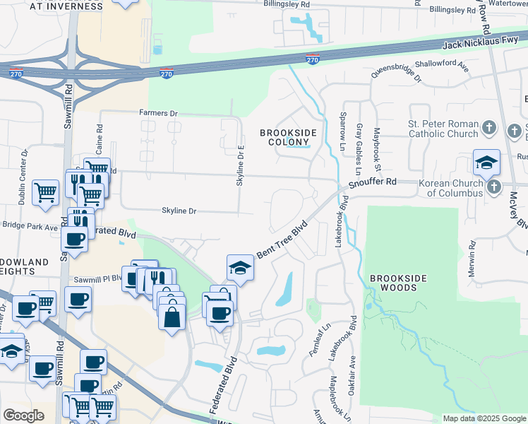 map of restaurants, bars, coffee shops, grocery stores, and more near 147 Bentwood Circle in Columbus