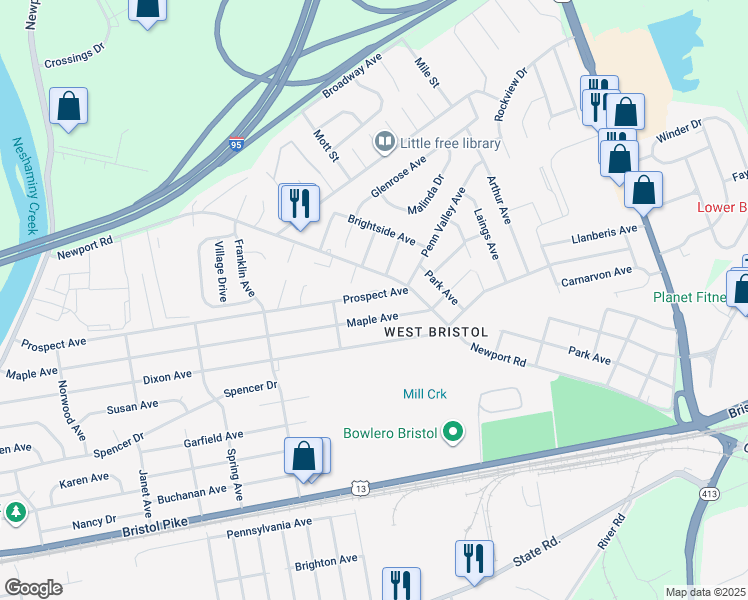 map of restaurants, bars, coffee shops, grocery stores, and more near 2348 Prospect Avenue in Croydon