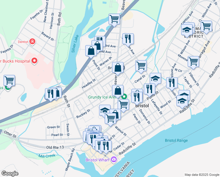 map of restaurants, bars, coffee shops, grocery stores, and more near 622 Point Street in Bristol
