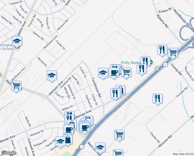 map of restaurants, bars, coffee shops, grocery stores, and more near 1835 Clark Street in Philadelphia