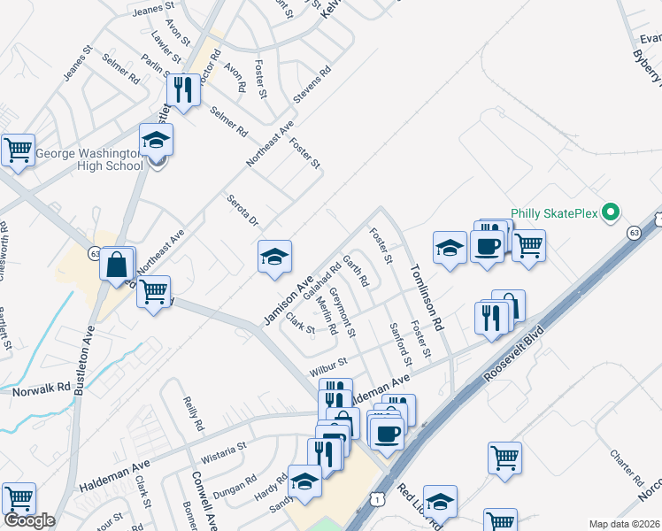 map of restaurants, bars, coffee shops, grocery stores, and more near 10206 Galahad Rd in Philadelphia