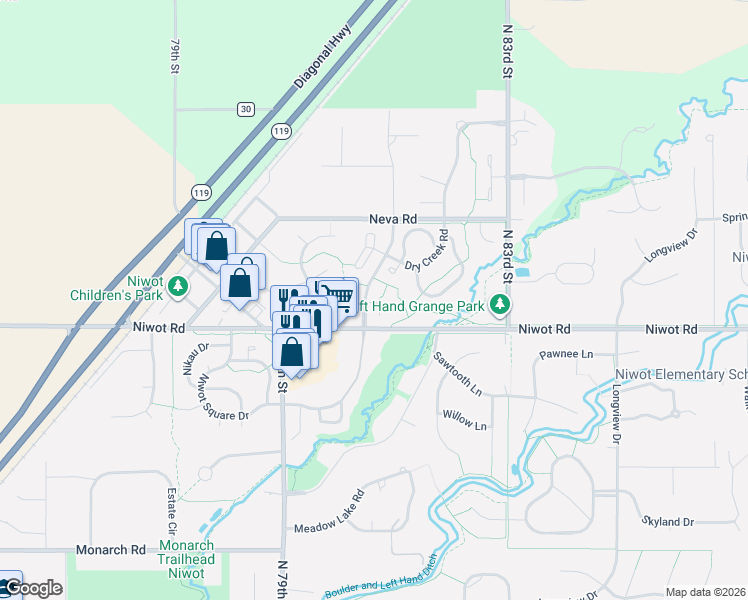 map of restaurants, bars, coffee shops, grocery stores, and more near 8075 Meadowdale Square in Niwot