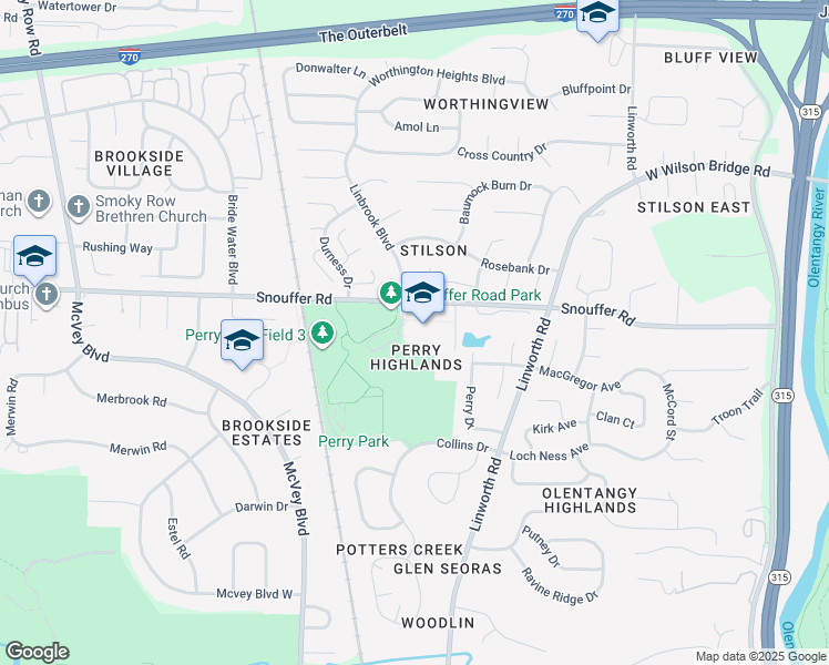 map of restaurants, bars, coffee shops, grocery stores, and more near 2341 Snouffer Road in Worthington