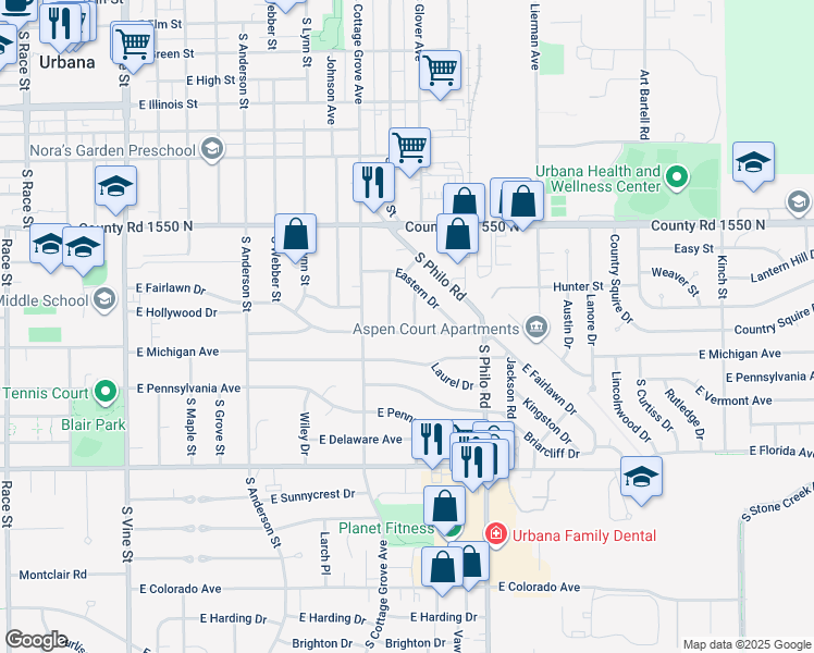 map of restaurants, bars, coffee shops, grocery stores, and more near 1204 East Fairlawn Drive in Urbana