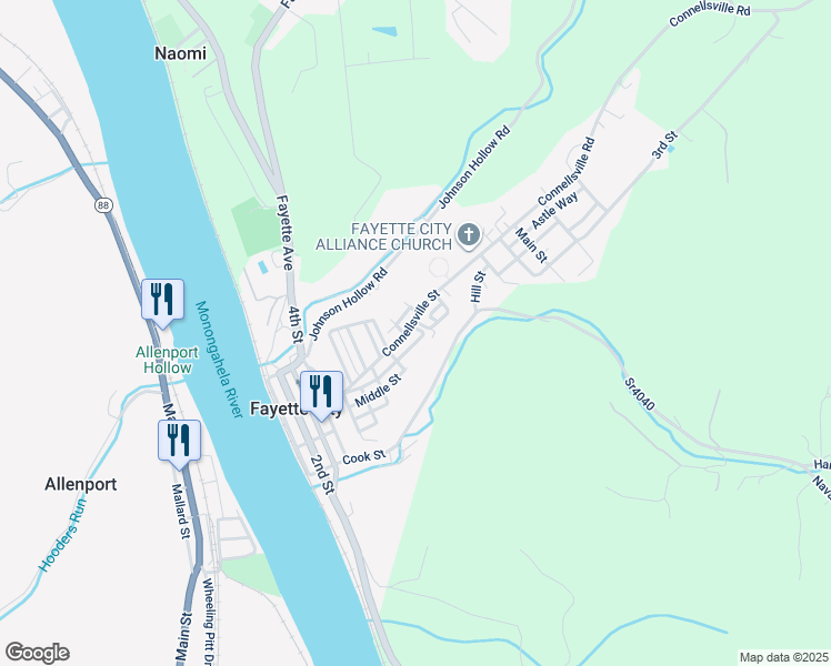 map of restaurants, bars, coffee shops, grocery stores, and more near 166 Connellsville Street in Fayette City