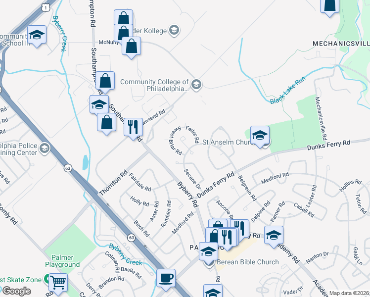 map of restaurants, bars, coffee shops, grocery stores, and more near 3016 Secane Pl in Philadelphia