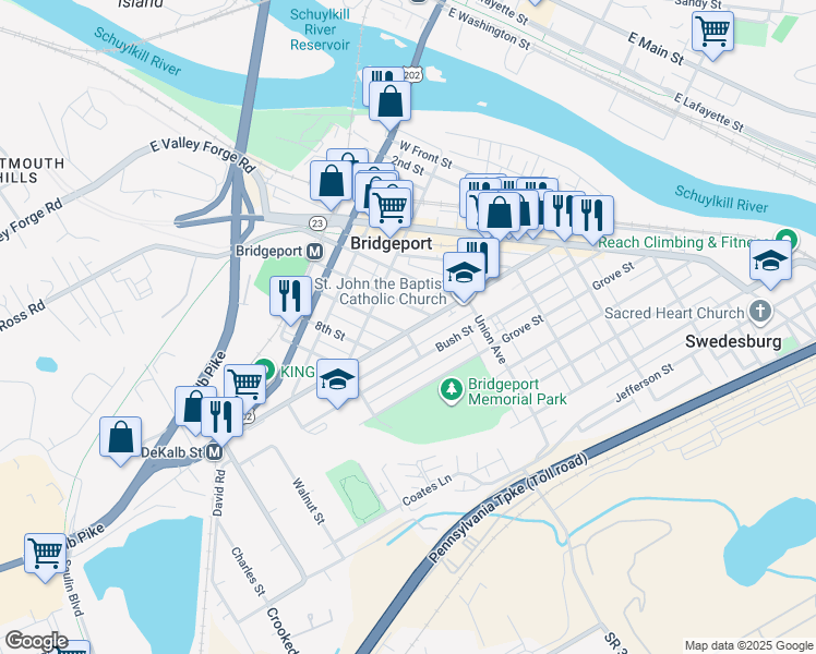 map of restaurants, bars, coffee shops, grocery stores, and more near 14 7th Street in Bridgeport