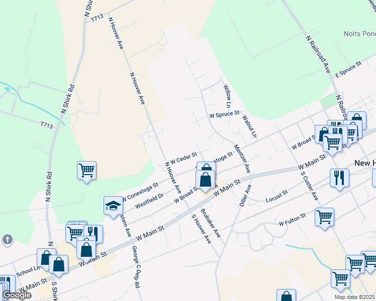 map of restaurants, bars, coffee shops, grocery stores, and more near 413 West Cedar Street in New Holland