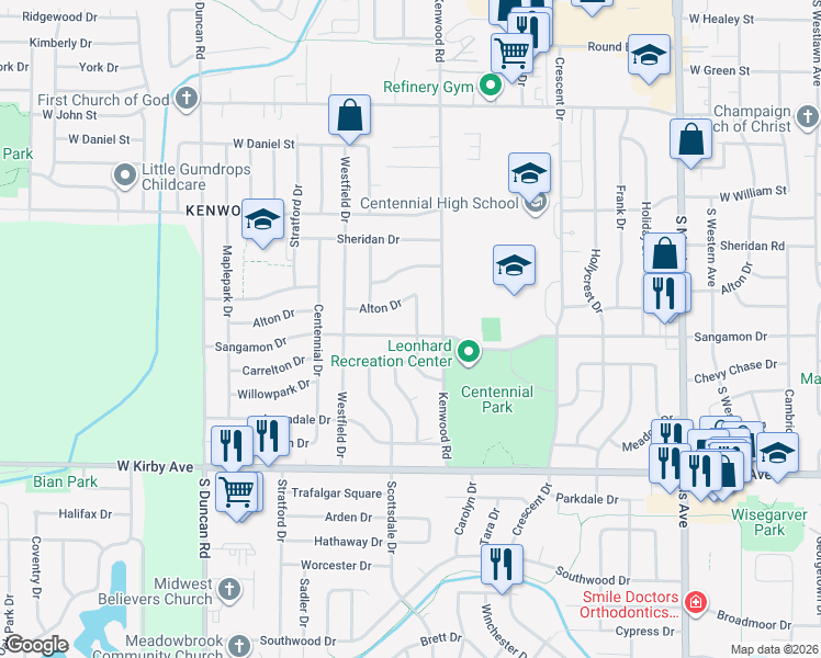 map of restaurants, bars, coffee shops, grocery stores, and more near 2502 Sangamon Drive in Champaign