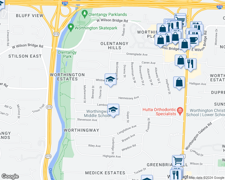 map of restaurants, bars, coffee shops, grocery stores, and more near 6760 Rieber Street in Worthington