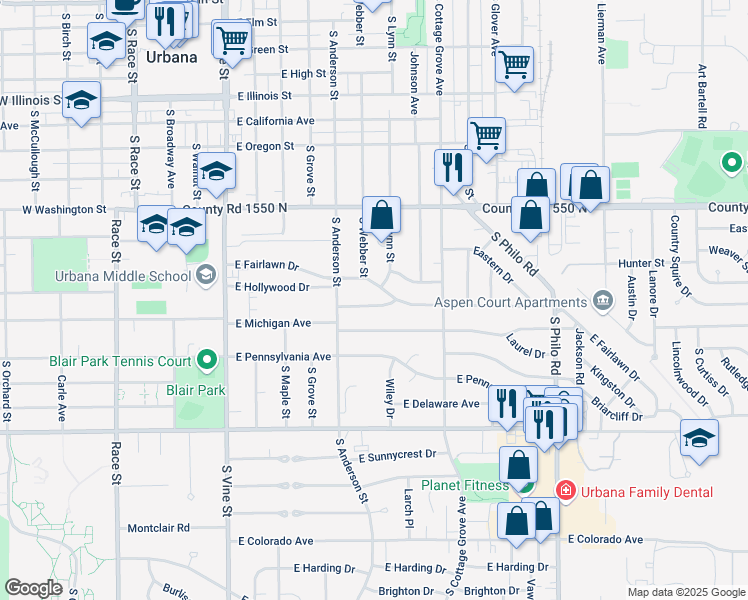 map of restaurants, bars, coffee shops, grocery stores, and more near 806 Hawthorne Dr in Urbana