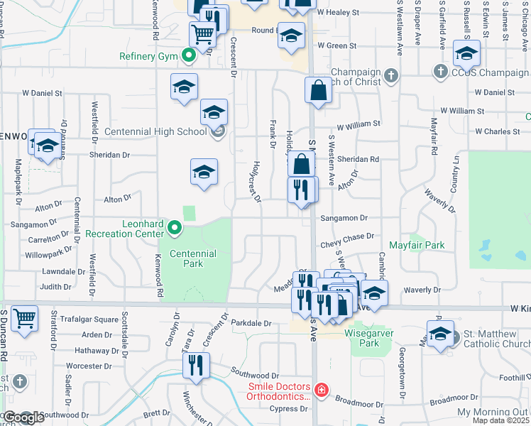 map of restaurants, bars, coffee shops, grocery stores, and more near 1910 Sangamon Drive in Champaign
