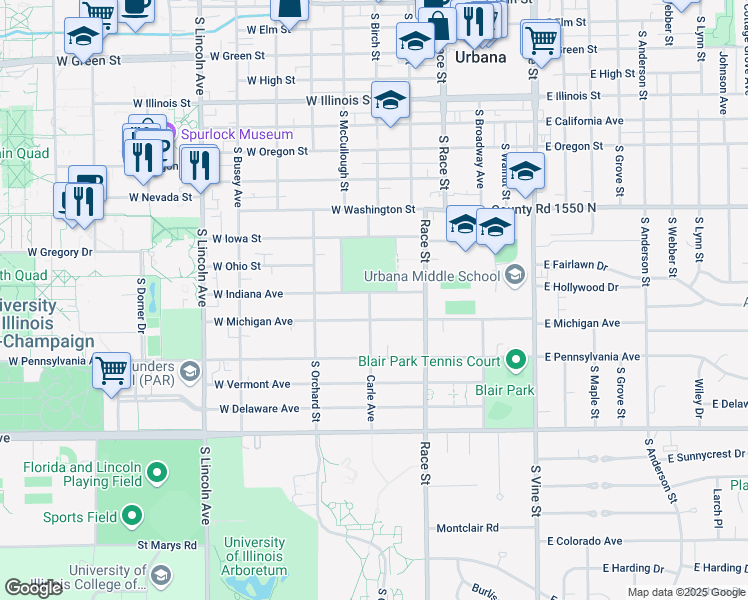 map of restaurants, bars, coffee shops, grocery stores, and more near 309 Indiana Avenue in Urbana