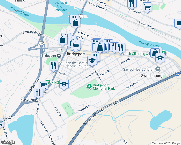 map of restaurants, bars, coffee shops, grocery stores, and more near 616 Bush Street in Bridgeport