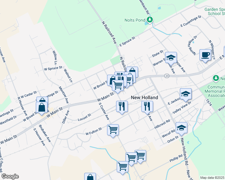 map of restaurants, bars, coffee shops, grocery stores, and more near 119 West Main Street in New Holland