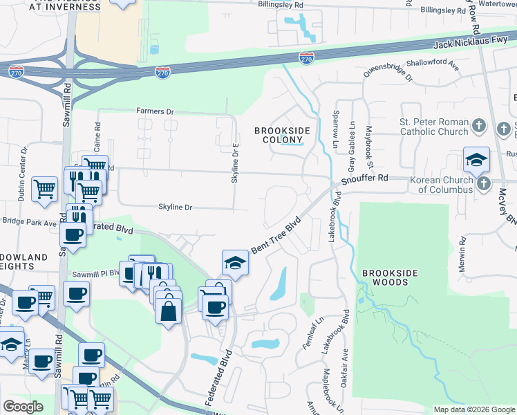 map of restaurants, bars, coffee shops, grocery stores, and more near 147 Bentwood Circle in Columbus