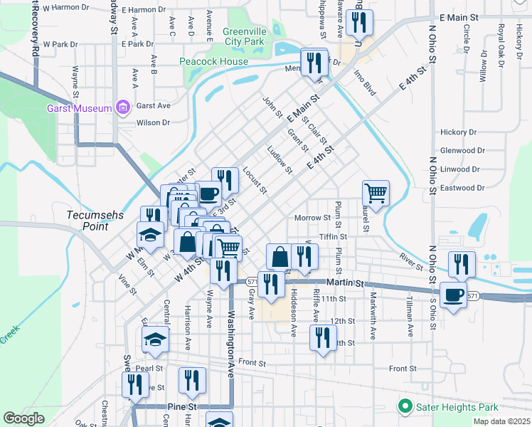 map of restaurants, bars, coffee shops, grocery stores, and more near 309 East 4th Street in Greenville