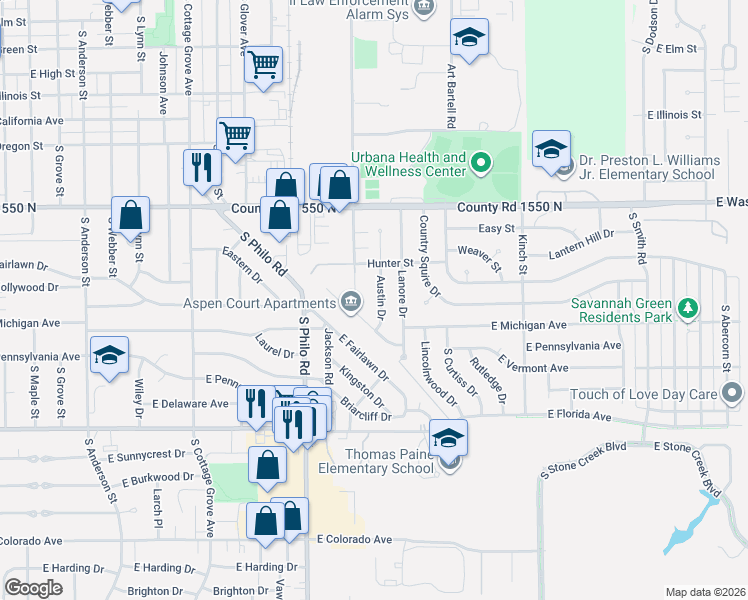map of restaurants, bars, coffee shops, grocery stores, and more near 1115 Austin Drive in Urbana