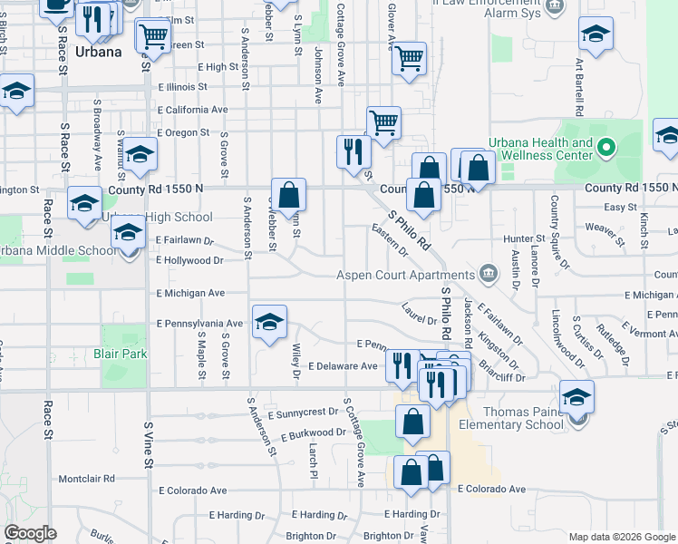 map of restaurants, bars, coffee shops, grocery stores, and more near in Urbana