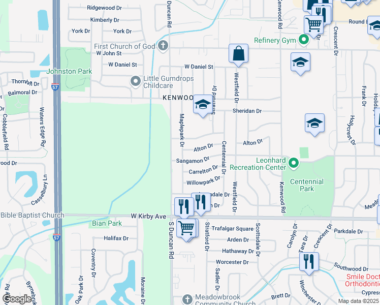 map of restaurants, bars, coffee shops, grocery stores, and more near 2807 Alton Drive in Champaign