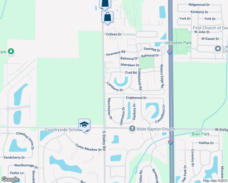 map of restaurants, bars, coffee shops, grocery stores, and more near 4103 Turnberry Drive in Champaign