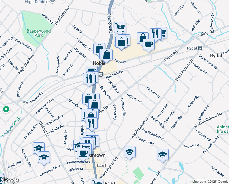 map of restaurants, bars, coffee shops, grocery stores, and more near 1518 Upland Avenue in Jenkintown