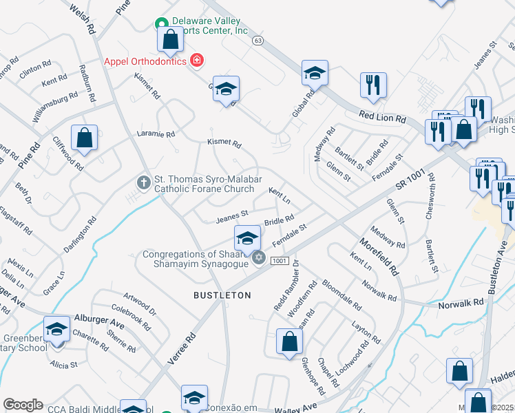 map of restaurants, bars, coffee shops, grocery stores, and more near 9856 Jeanes Street in Philadelphia