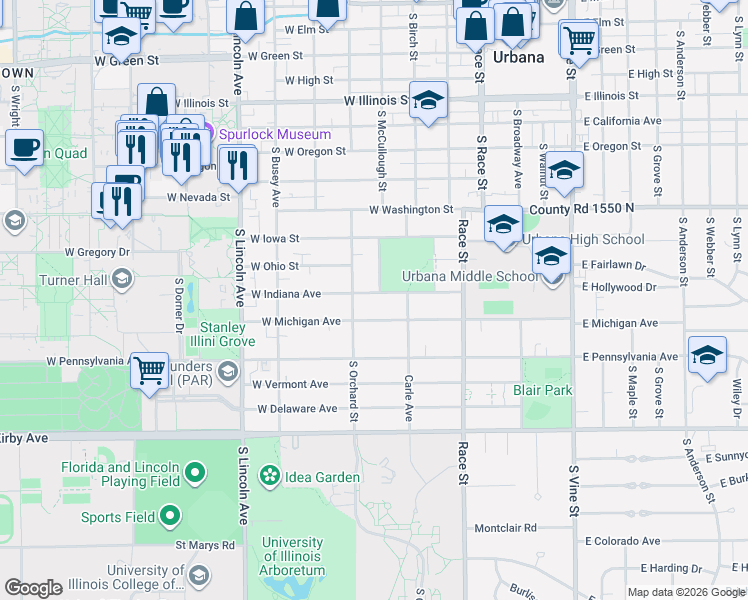 map of restaurants, bars, coffee shops, grocery stores, and more near 501 Indiana Avenue in Urbana