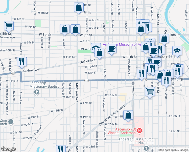 map of restaurants, bars, coffee shops, grocery stores, and more near 805 West 13th Street in Anderson
