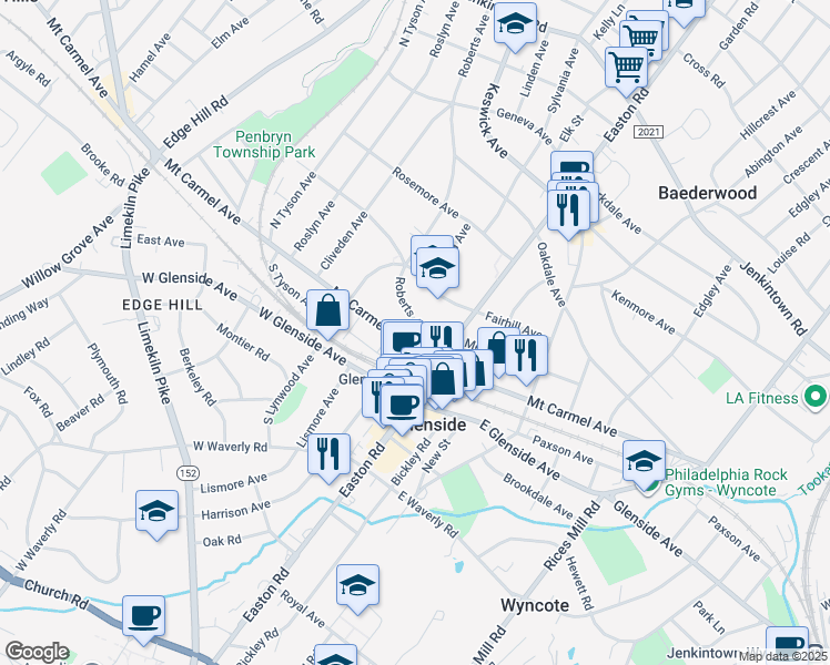 map of restaurants, bars, coffee shops, grocery stores, and more near 116 Roberts Avenue in Glenside