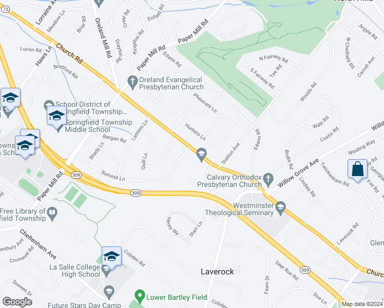 map of restaurants, bars, coffee shops, grocery stores, and more near 810 Church Road in Oreland