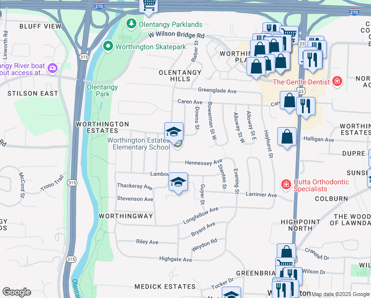 map of restaurants, bars, coffee shops, grocery stores, and more near 6760 Rieber Street in Worthington